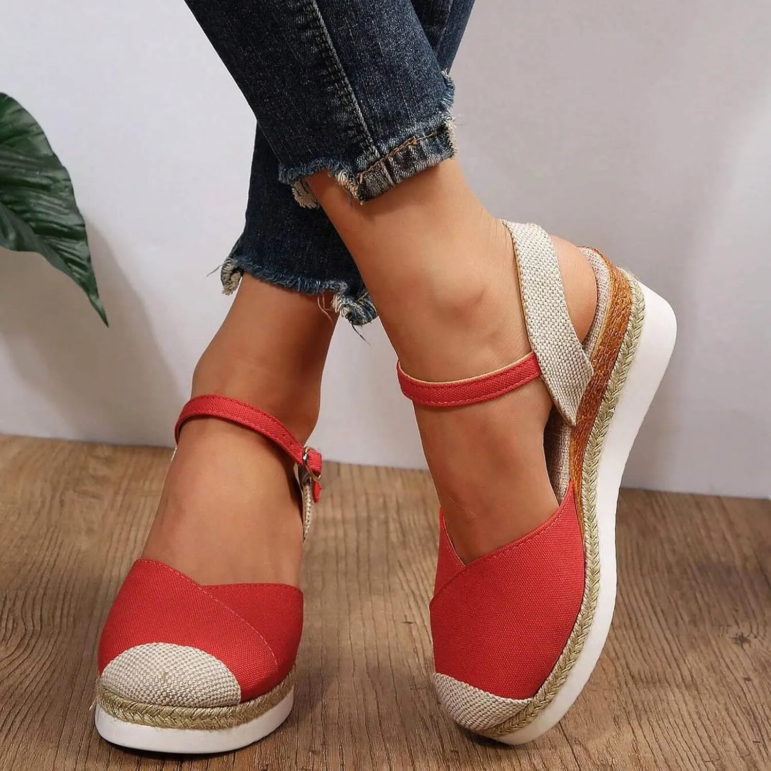 Orthopedic Platform Wedge Sandals for Women Summer Dressy, Women Walking Slippers Arch Support Closed Toe Buckle Ankle Strap Espadrilles Casual Strappy Sandals Comfortable Outdoor Shoes