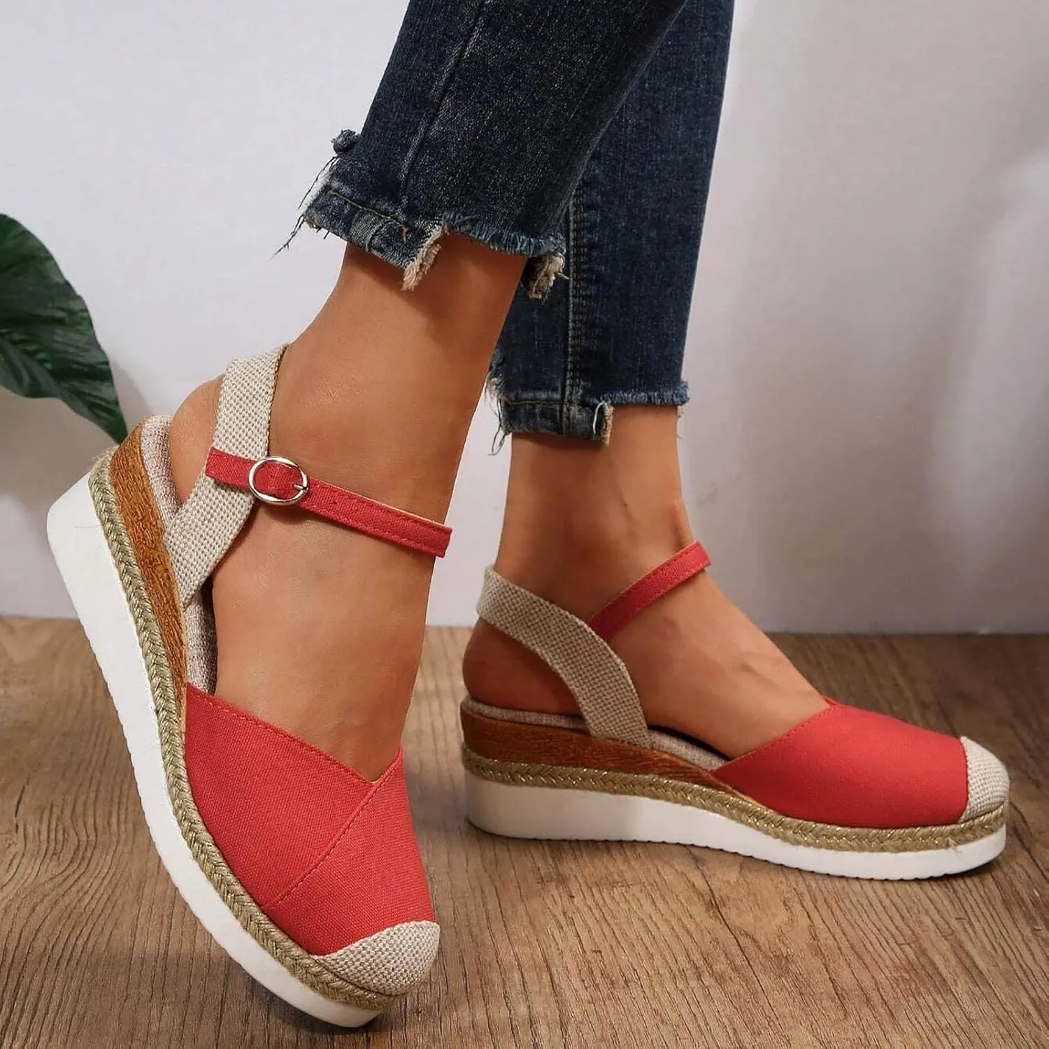 Orthopedic Platform Wedge Sandals for Women Summer Dressy, Women Walking Slippers Arch Support Closed Toe Buckle Ankle Strap Espadrilles Casual Strappy Sandals Comfortable Outdoor Shoes