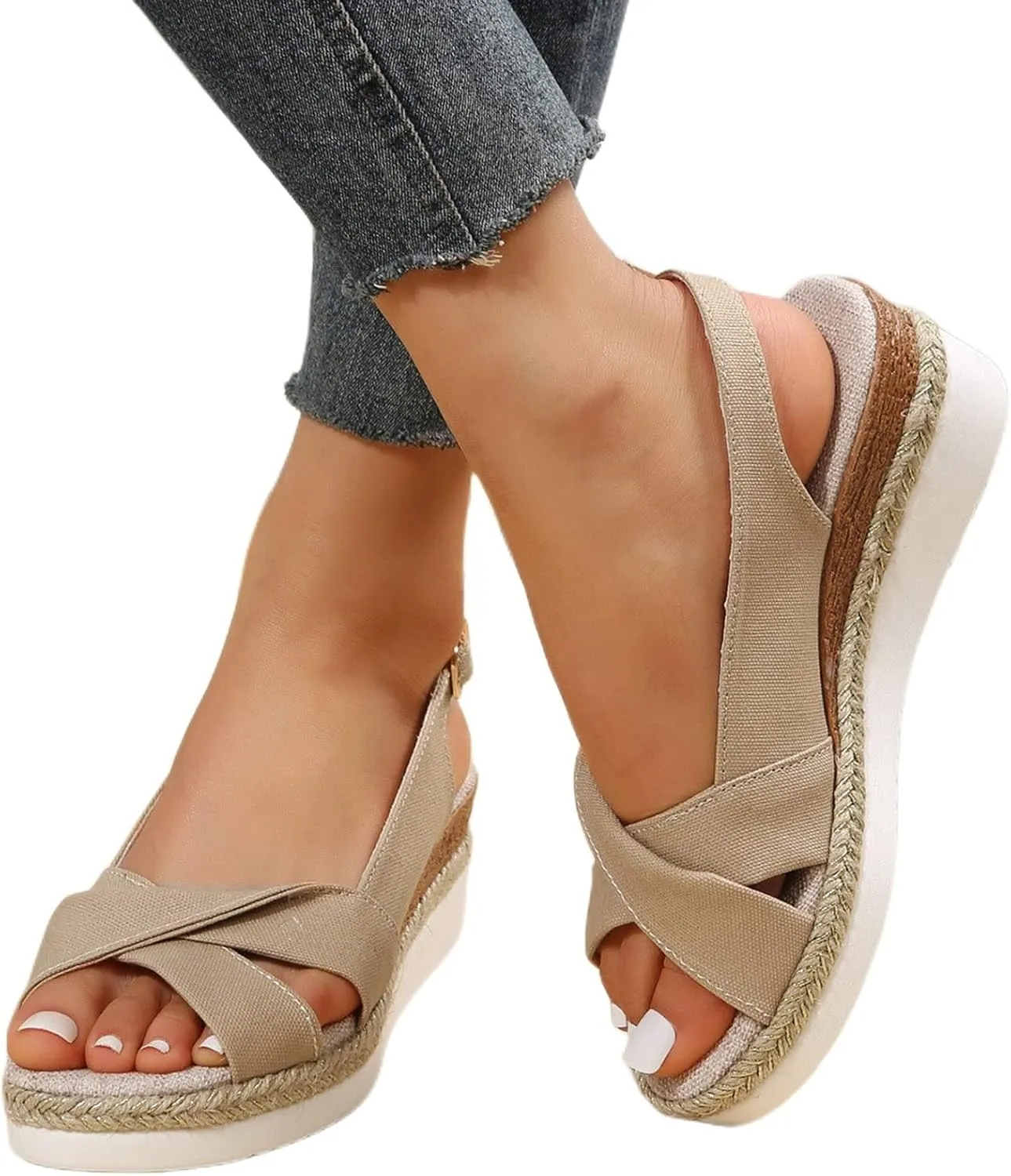 Orthopedic Sandals for Women Fashion Fish Mouth Slingback Non Slip Wedge Canvas Sandals with Arch Support Ladies Elegant Buckle Ankle Strap Summer Beach Walking Shoes