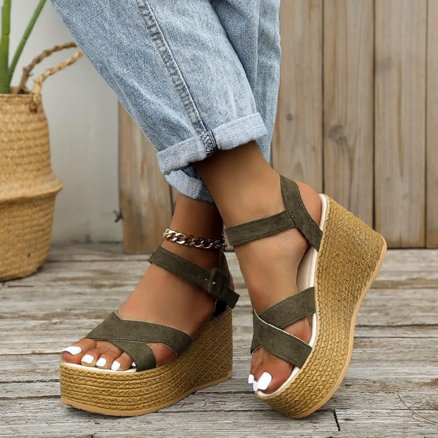Orthopedic Sandals for Women High Heel Wedge Platform Sandals Adjustable Ankle Strap Sandal Buckle Wide Width Open Toe Sandal Woven Flax Slip-On Shoes