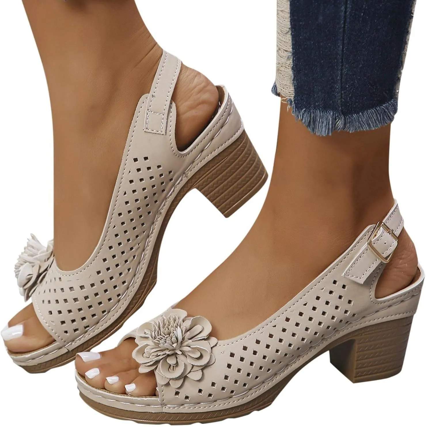 Orthopedic Wedge Heel Sandals for Women 2025 Open Toe Summer Casual Hollow Out Floral Decor Sandals Hollow Out Slingback Chunky Block Heel Cut-Out Party Dress Wedding Dance Shoes