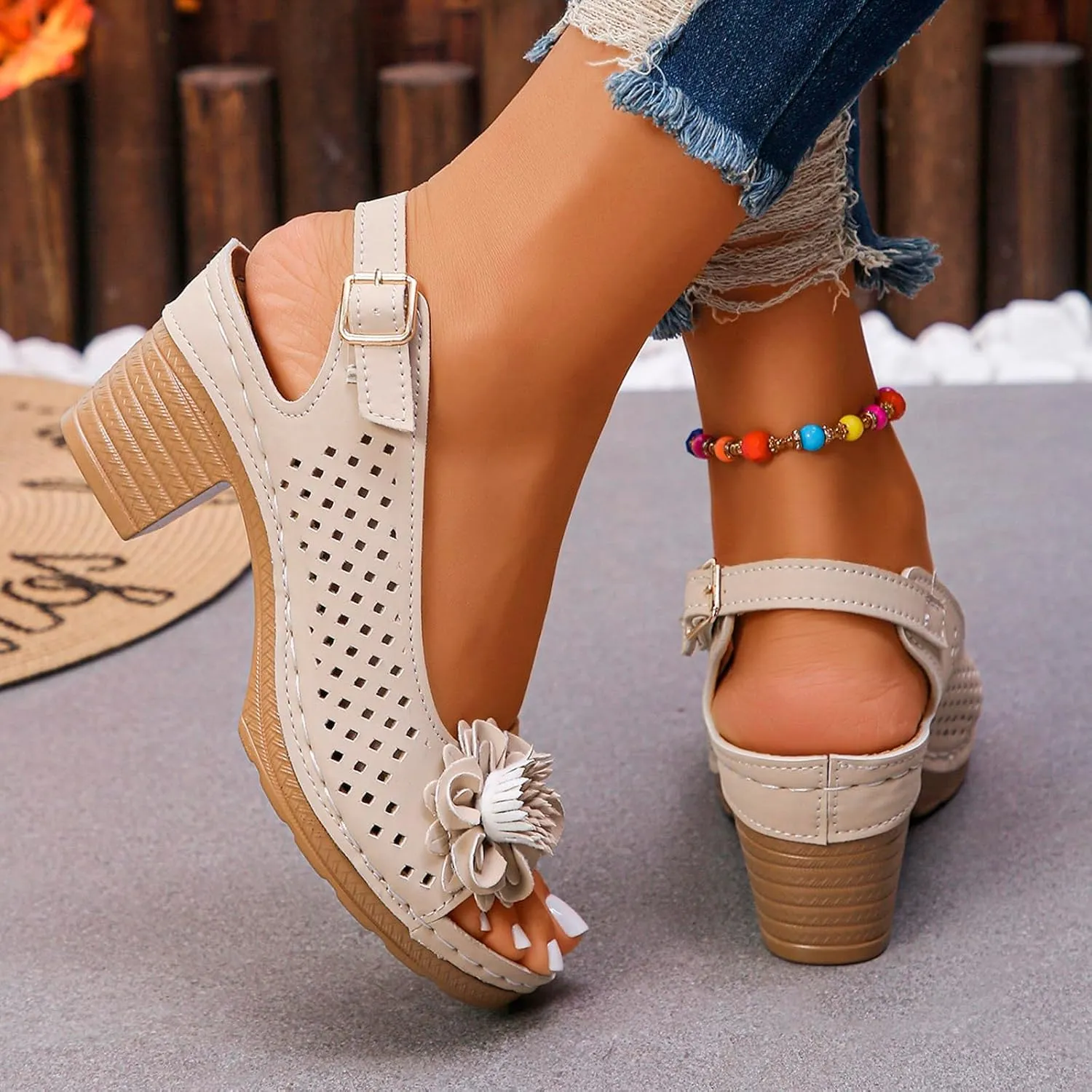 Orthopedic Wedge Heel Sandals for Women 2025 Open Toe Summer Casual Hollow Out Floral Decor Sandals Hollow Out Slingback Chunky Block Heel Cut-Out Party Dress Wedding Dance Shoes