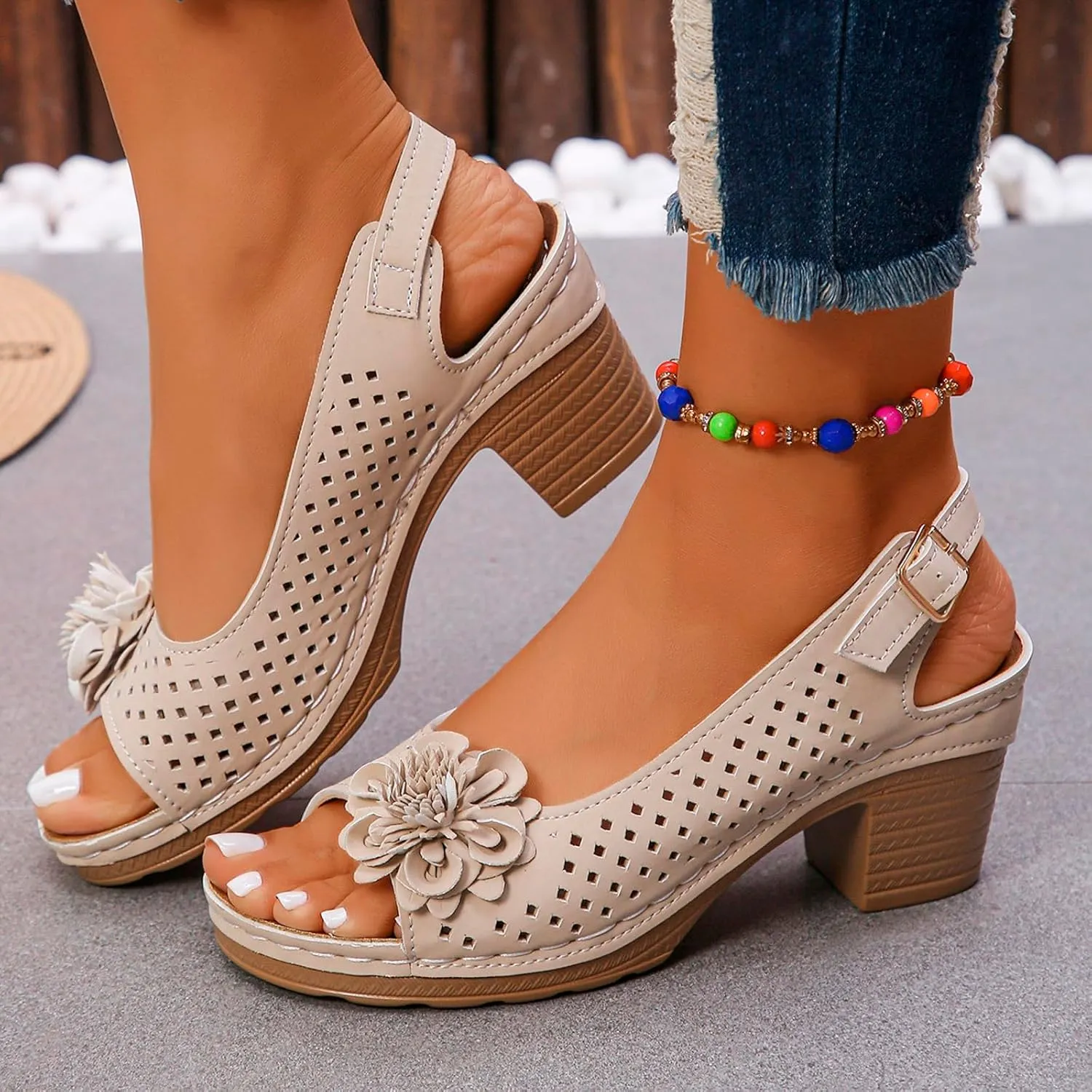 Orthopedic Wedge Heel Sandals for Women 2025 Open Toe Summer Casual Hollow Out Floral Decor Sandals Hollow Out Slingback Chunky Block Heel Cut-Out Party Dress Wedding Dance Shoes