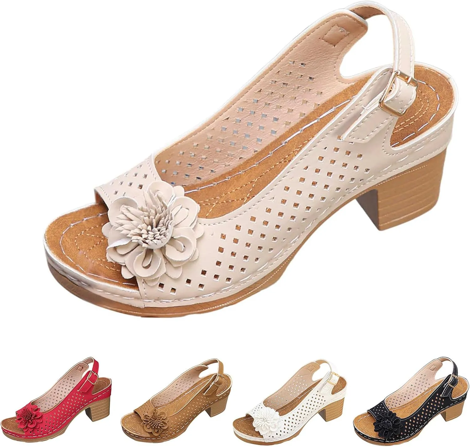 Orthopedic Wedge Heel Sandals for Women 2025 Open Toe Summer Casual Hollow Out Floral Decor Sandals Hollow Out Slingback Chunky Block Heel Cut-Out Party Dress Wedding Dance Shoes