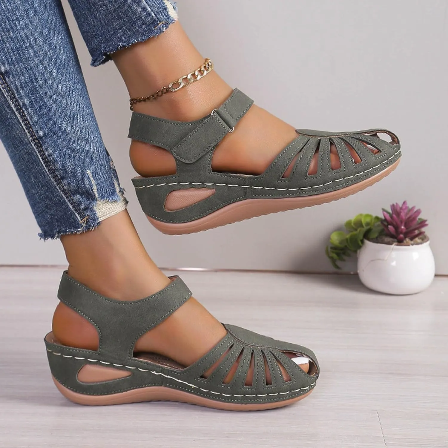Orthopedic Wedge Sandals for Women 2025 Womens Closed Toe Sandal Dressy Arch Support Adjustable Anckle Strappy Summer Breathable Shoes Comfort Beach Walking