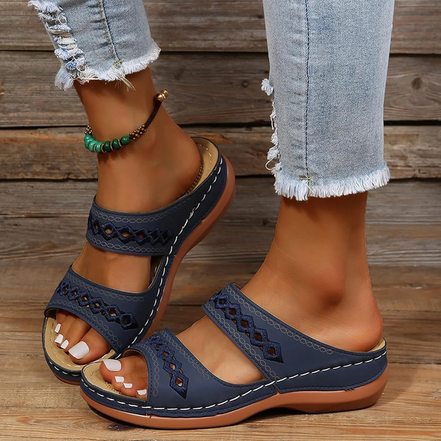 Orthopedic Wedge Sandals for Women Summer Casual Bohemian Open Toe Hollow Out Platform Sandals Comfortable Breathable Fashion Slip on Slippers Beach Vacation Outdoor Casual Shoes