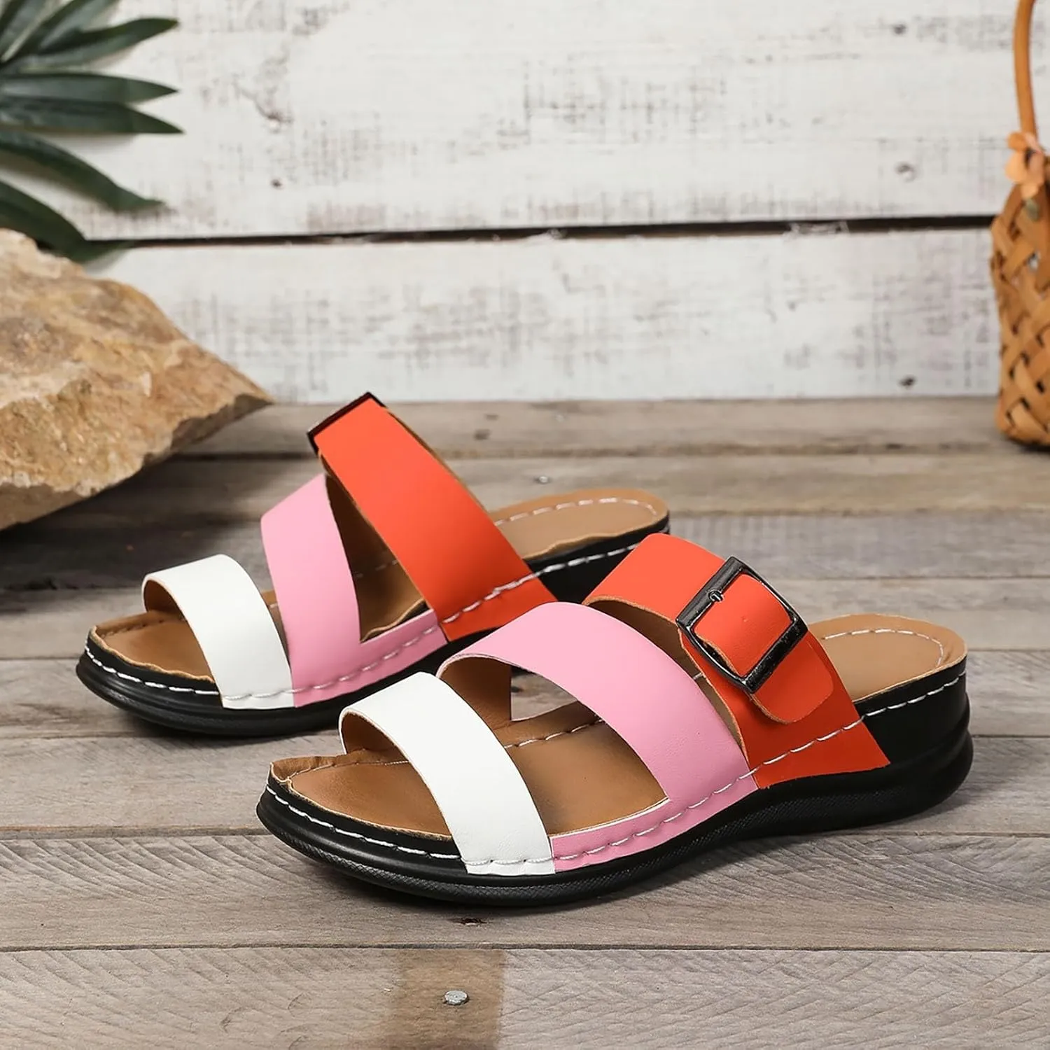 Orthopedic Wedge Sandals with Arch Support Flip Flops for Women 2025 Summer Casual Open Toe Slingback Bohemian Slip On Slippers Wide Width Retro Walking Dress Shoes for Party Casual Beach Vacation