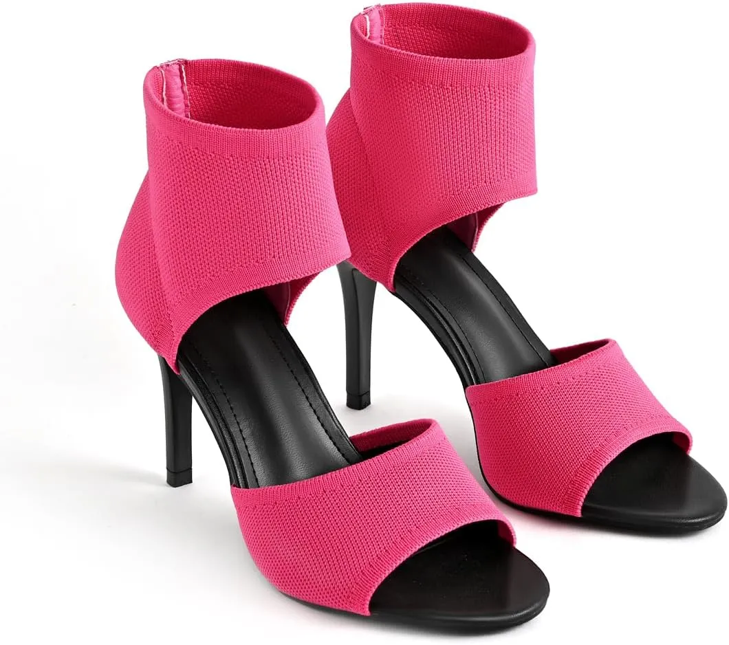 Peep Toe Heels for Women Sexy 3 Inches Stiletto Heeled Sandals for Women Open Toe Wide Stretchy Knit Heel Sandal Booties Slip On Comfortable Dressy Shoes for Prom, Party and Work