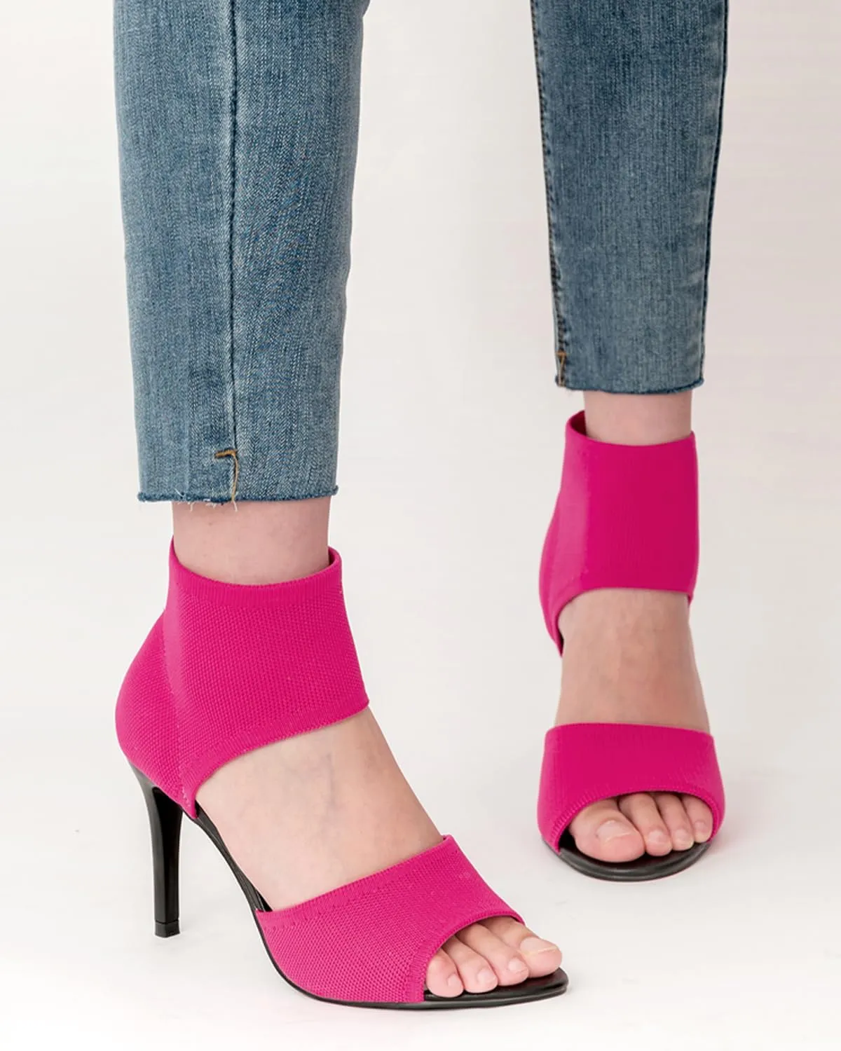 Peep Toe Heels for Women Sexy 3 Inches Stiletto Heeled Sandals for Women Open Toe Wide Stretchy Knit Heel Sandal Booties Slip On Comfortable Dressy Shoes for Prom, Party and Work