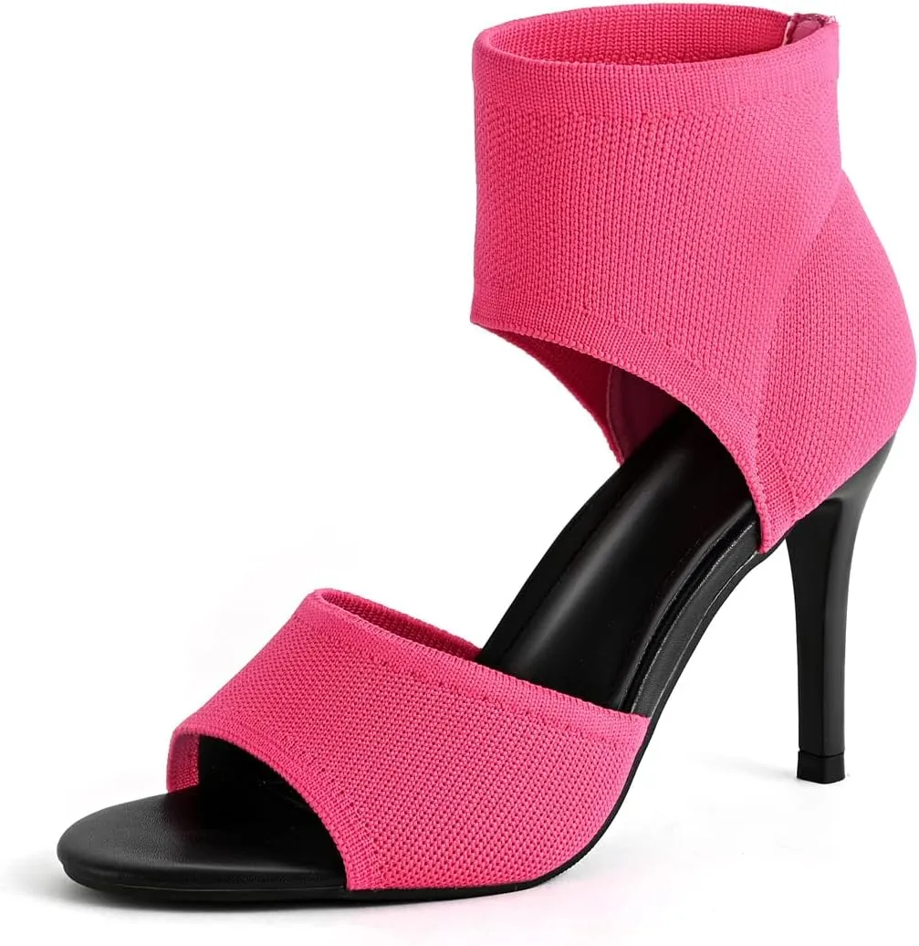 Peep Toe Heels for Women Sexy 3 Inches Stiletto Heeled Sandals for Women Open Toe Wide Stretchy Knit Heel Sandal Booties Slip On Comfortable Dressy Shoes for Prom, Party and Work