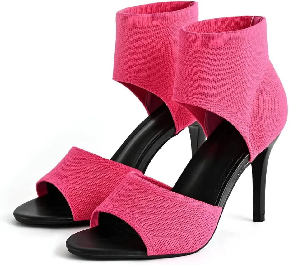 Peep Toe Heels for Women Sexy 3 Inches Stiletto Heeled Sandals for Women Open Toe Wide Stretchy Knit Heel Sandal Booties Slip On Comfortable Dressy Shoes for Prom, Party and Work
