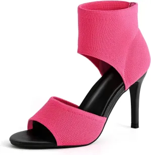 Peep Toe Heels for Women Sexy 3 Inches Stiletto Heeled Sandals for Women Open Toe Wide Stretchy Knit Heel Sandal Booties Slip On Comfortable Dressy Shoes for Prom, Party and Work