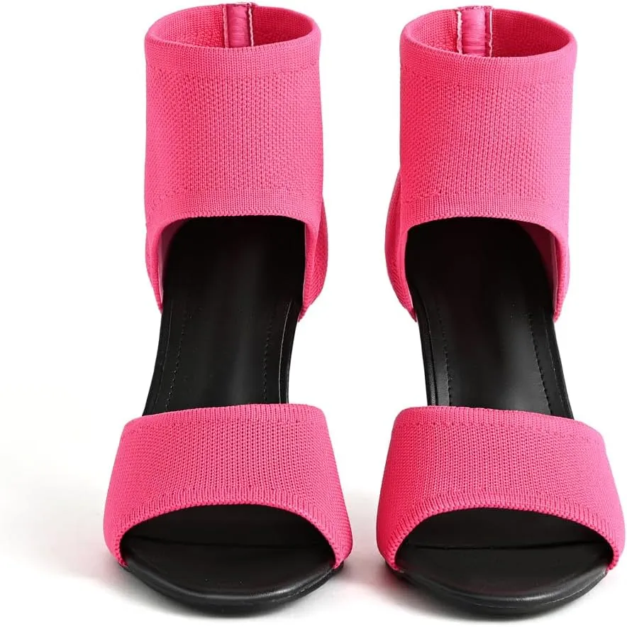 Peep Toe Heels for Women Sexy 3 Inches Stiletto Heeled Sandals for Women Open Toe Wide Stretchy Knit Heel Sandal Booties Slip On Comfortable Dressy Shoes for Prom, Party and Work
