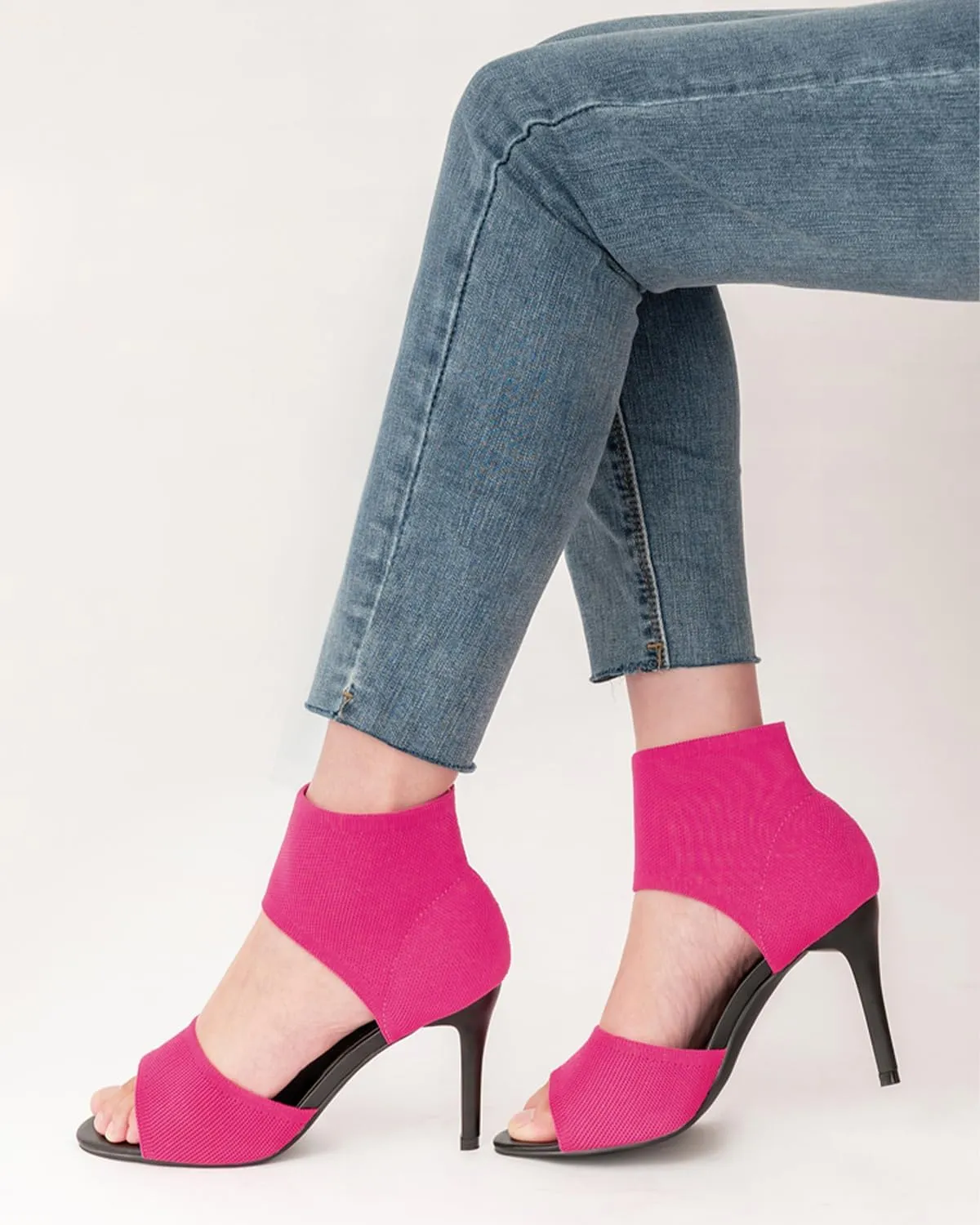 Peep Toe Heels for Women Sexy 3 Inches Stiletto Heeled Sandals for Women Open Toe Wide Stretchy Knit Heel Sandal Booties Slip On Comfortable Dressy Shoes for Prom, Party and Work