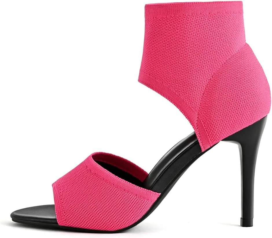 Peep Toe Heels for Women Sexy 3 Inches Stiletto Heeled Sandals for Women Open Toe Wide Stretchy Knit Heel Sandal Booties Slip On Comfortable Dressy Shoes for Prom, Party and Work