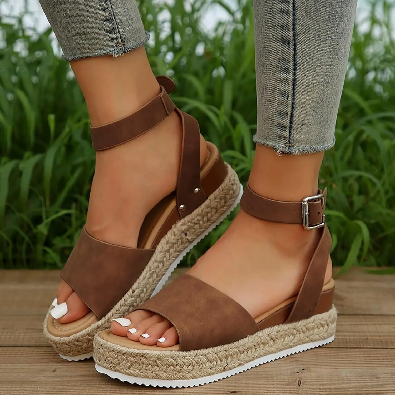 Platform Sandals Women 2025 Open Toe Buckle Ankle Strap Espadrilles Wedge Casual Sandal Dressy Summer Beach Comfortable Ajustable Arch Support Wedges Shoes