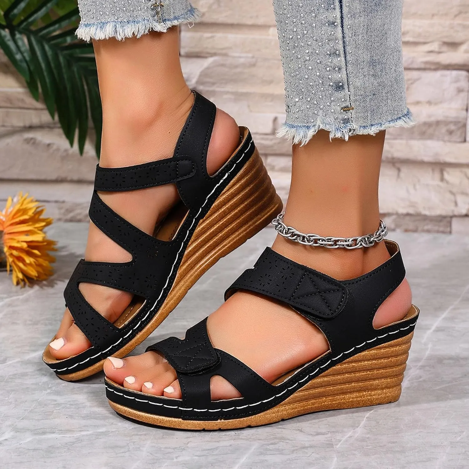 Platform Sandals Women Dressy Summer Comfortable Platform Wedges Open Toe Adjustable Ankle Strap Sandals Slip On Work Sandal for Women Office Summer Shoes Bohemian Sandal