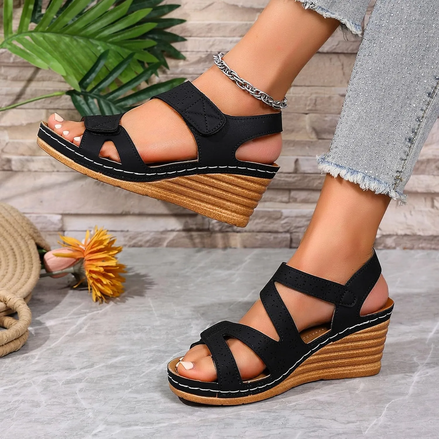 Platform Sandals Women Dressy Summer Comfortable Platform Wedges Open Toe Adjustable Ankle Strap Sandals Slip On Work Sandal for Women Office Summer Shoes Bohemian Sandal