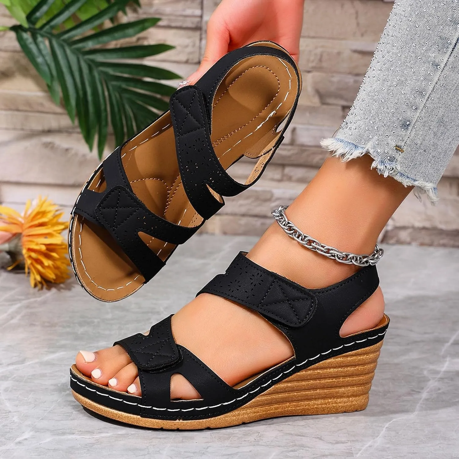 Platform Sandals Women Dressy Summer Comfortable Platform Wedges Open Toe Adjustable Ankle Strap Sandals Slip On Work Sandal for Women Office Summer Shoes Bohemian Sandal