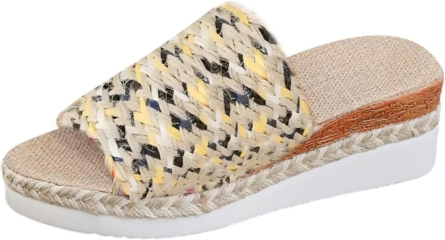 Platform Sandals Women Espadrille Slip on Comfortable Wedge Sandals Color Block Open Toe Stylish Casual Summer Shoes