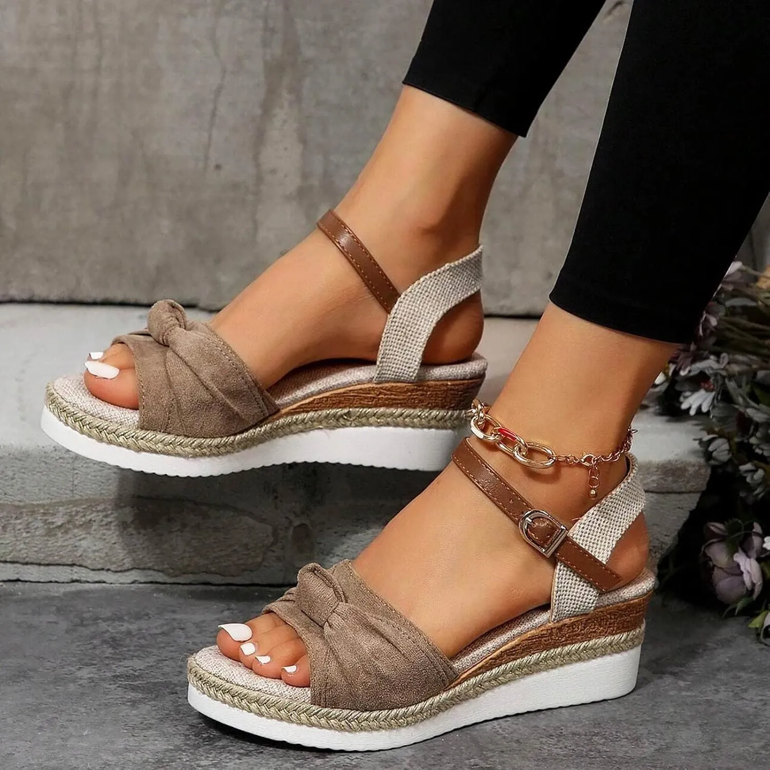 Sandals for Women 2025 Dressy Orthopedic Espadrilles Bowknot Design Wedge Platform Ajustable Ankle Strap Breathable Hemp Rope Heels Shoes Comfortable Summer Wear