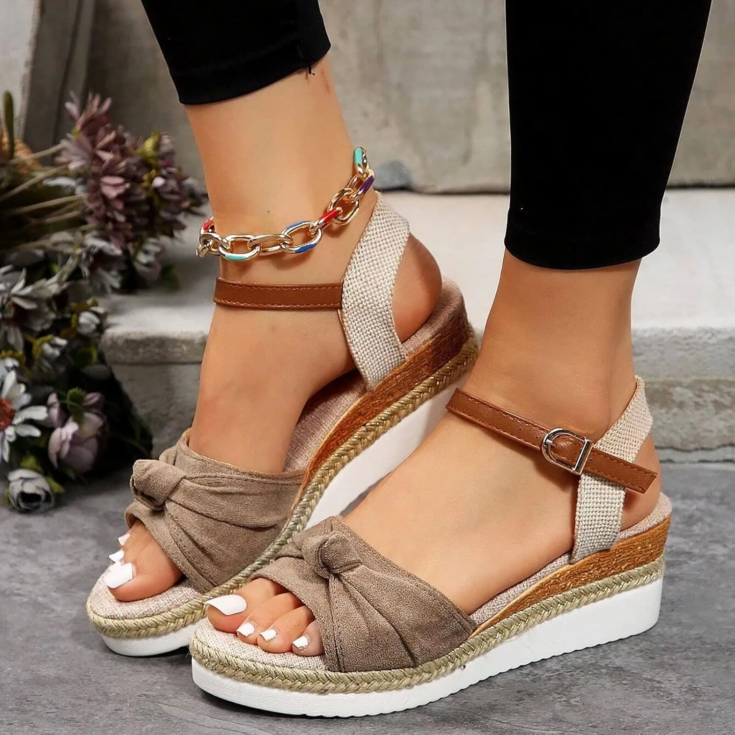 Sandals for Women 2025 Dressy Orthopedic Espadrilles Bowknot Design Wedge Platform Ajustable Ankle Strap Breathable Hemp Rope Heels Shoes Comfortable Summer Wear