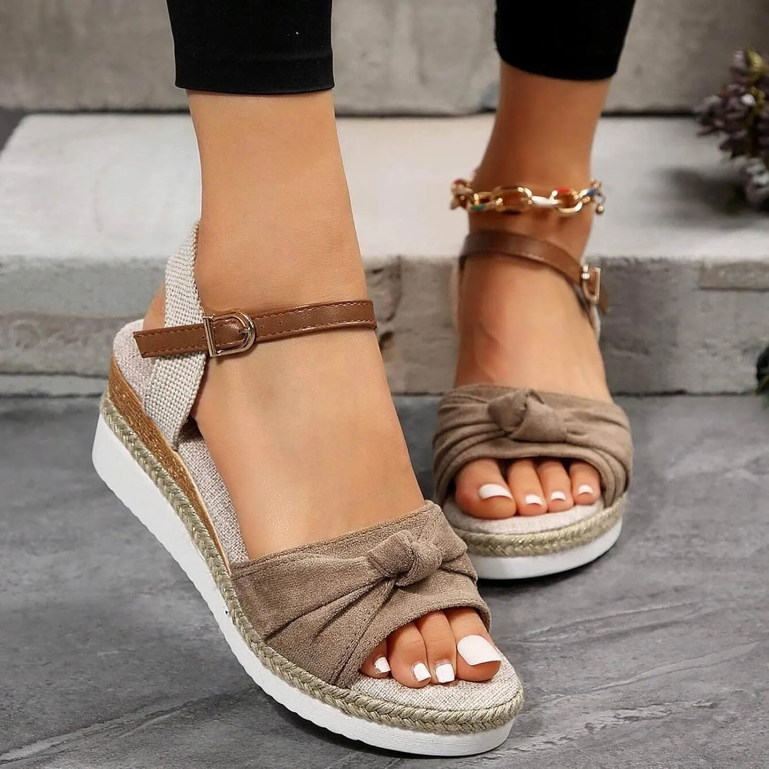 Sandals for Women 2025 Dressy Orthopedic Espadrilles Bowknot Design Wedge Platform Ajustable Ankle Strap Breathable Hemp Rope Heels Shoes Comfortable Summer Wear