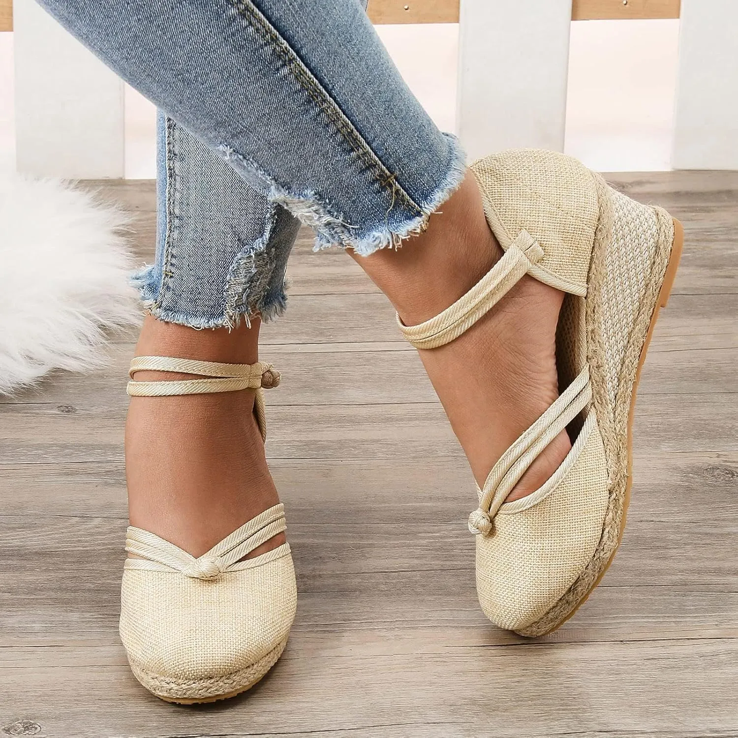 Sandals for Women Dressy Summer Ankle Strap Closed Toe Casual Shoes Linen Buckle Comfortable Breathable Beach Sandal 2025 Wedge Platform Summer Lace Up Outdoor Leisure Espadrille