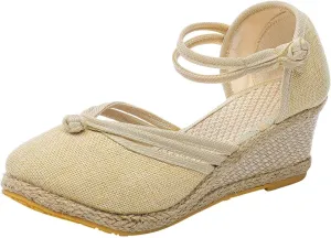 Sandals for Women Dressy Summer Ankle Strap Closed Toe Casual Shoes Linen Buckle Comfortable Breathable Beach Sandal 2025 Wedge Platform Summer Lace Up Outdoor Leisure Espadrille