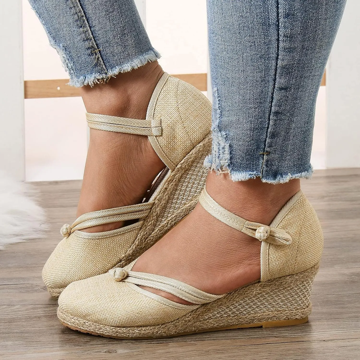 Sandals for Women Dressy Summer Ankle Strap Closed Toe Casual Shoes Linen Buckle Comfortable Breathable Beach Sandal 2025 Wedge Platform Summer Lace Up Outdoor Leisure Espadrille