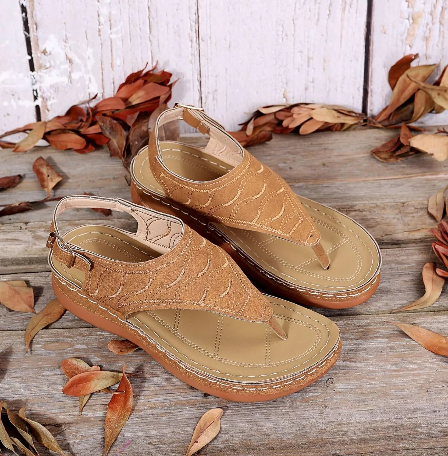 Smoneyful Women's Orthopedic Sandals Arch Support Anti Slip Breathable Vintage Slip On Flip Flops High Arch Wedge Dressy Summer Casual Walking Beach Flat Sandals