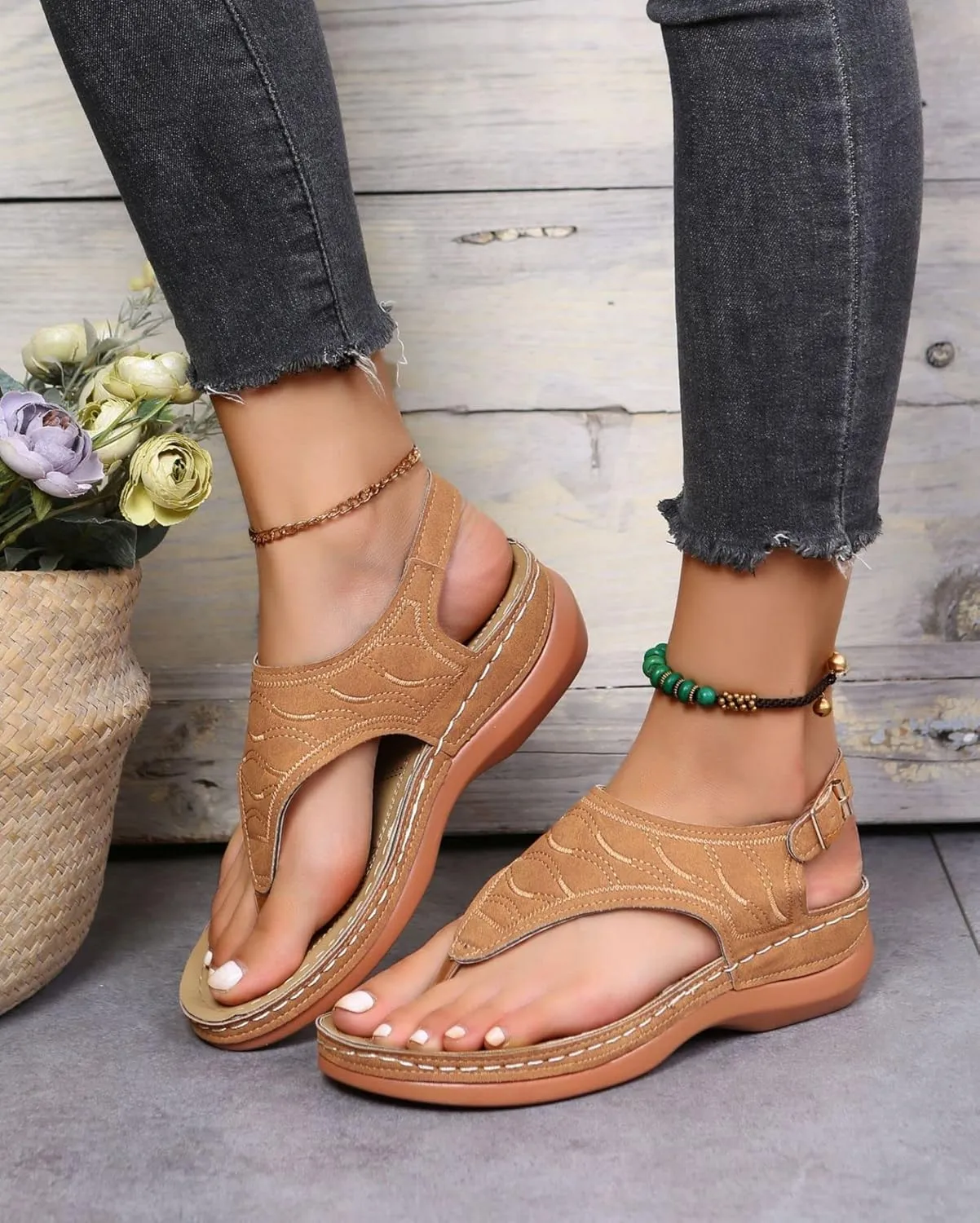 Smoneyful Women's Orthopedic Sandals Arch Support Anti Slip Breathable Vintage Slip On Flip Flops High Arch Wedge Dressy Summer Casual Walking Beach Flat Sandals