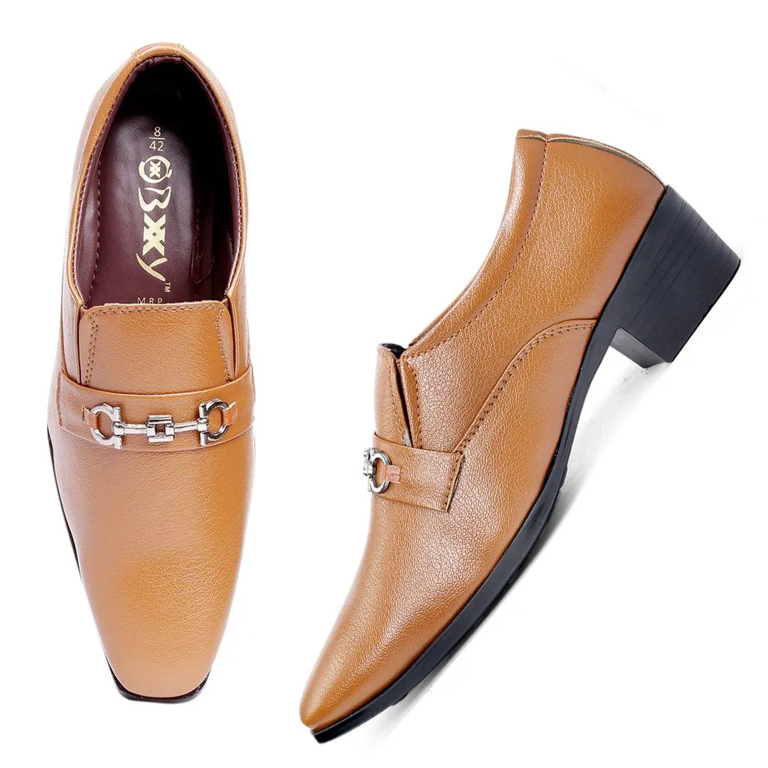 Stylish Tan Faux Leather Height Increasing Formal Slip-On Shoes on Cuban Sole