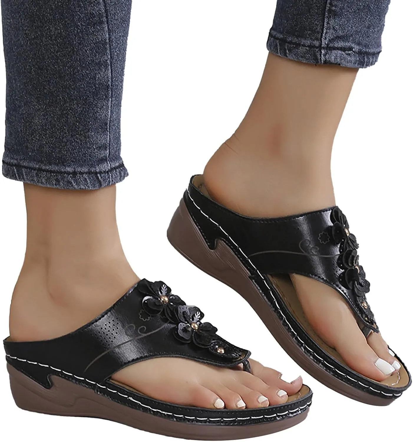Summer Sandals for Women Dressy Premium Walking Slippers with Arch Support Anti-Slip Breathable Sandal Vintage Flip Flop Shoes Beach Leather Slippers