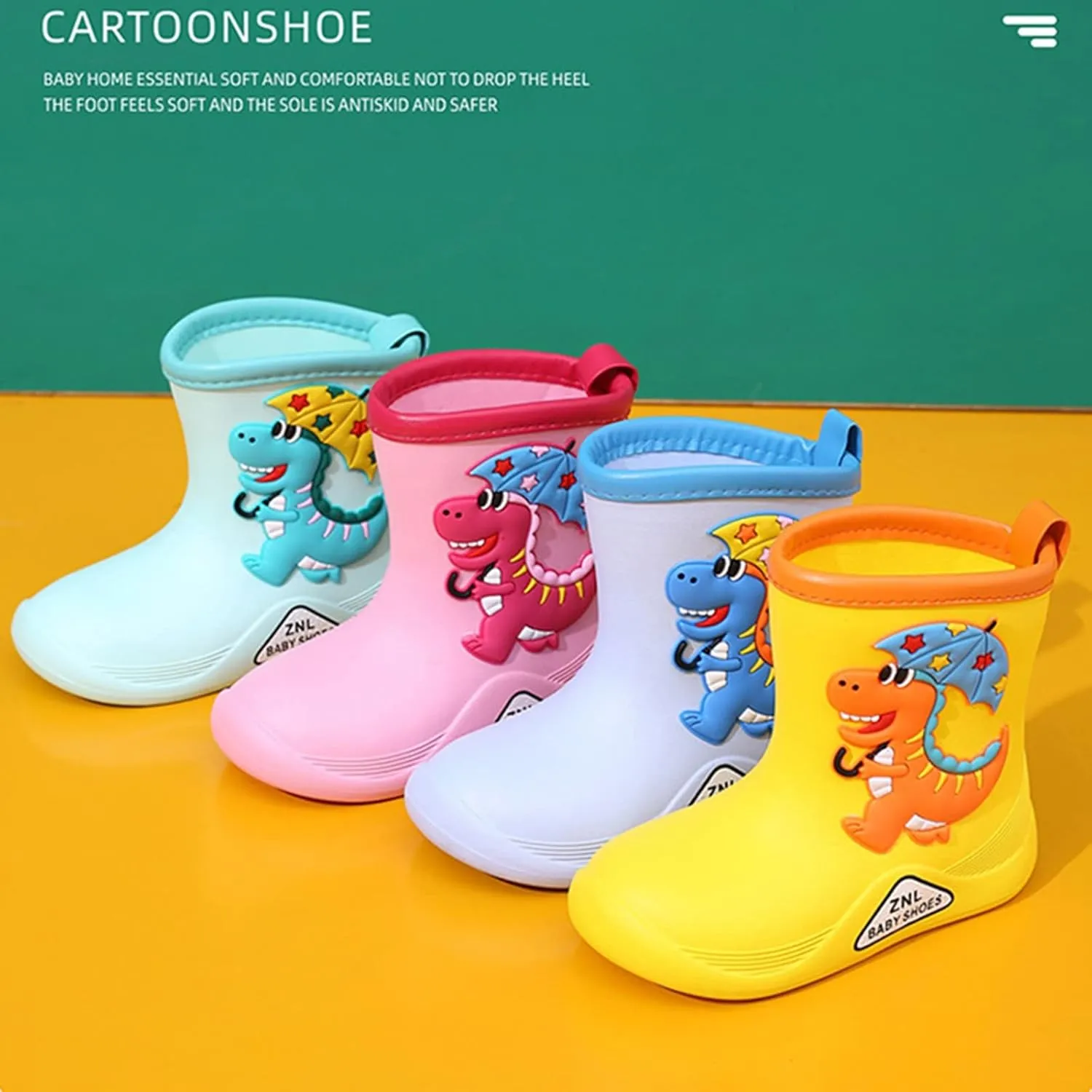 Toddler Dinosaur Rain Boots Waterproof Rubber Kids Rain Boots for Girls Boys Outdoor Non Slip Soft Boots for Size 8