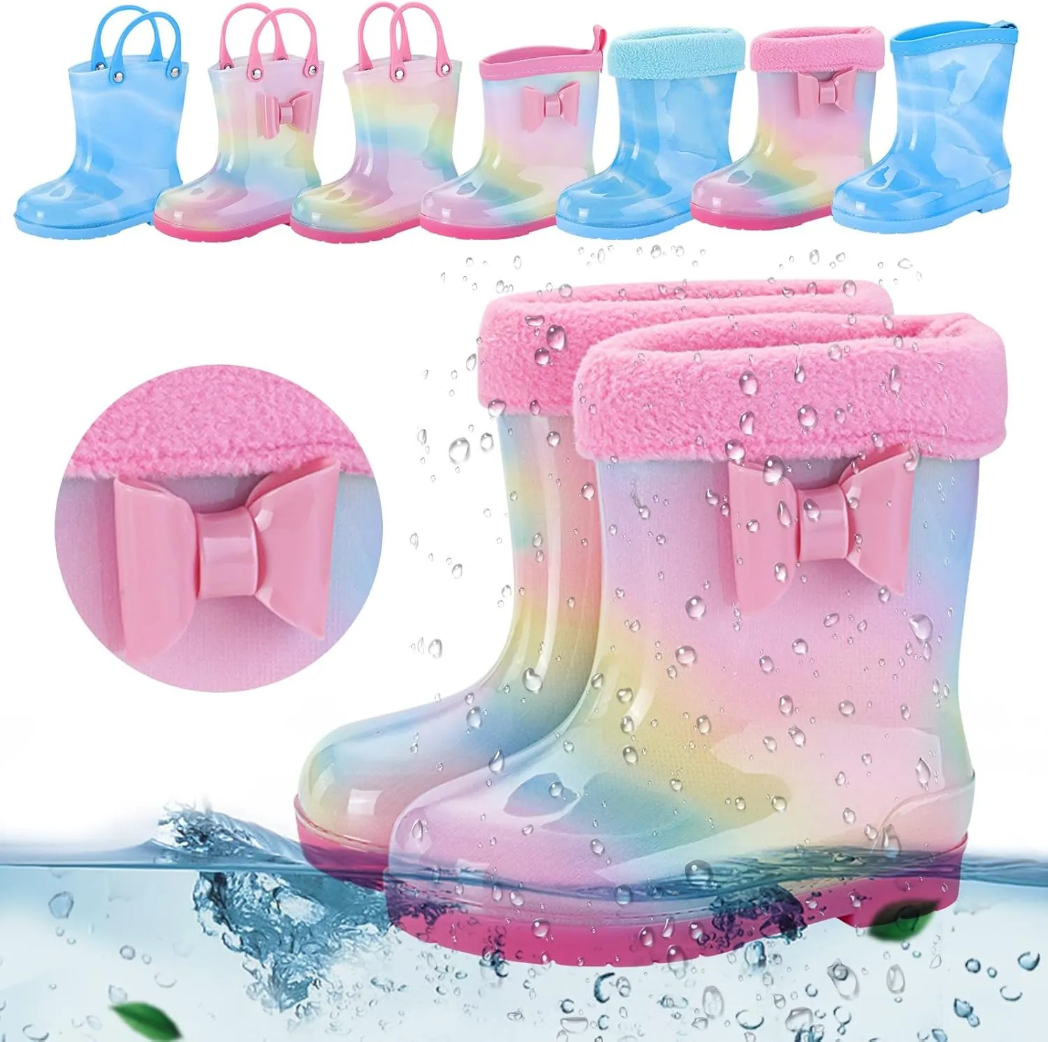 Toddler Kids Rain Boots with Cute Bow Waterproof Rubber Boots for Girls Boys Tie Dye Girls Boots Size 2 Big Kid