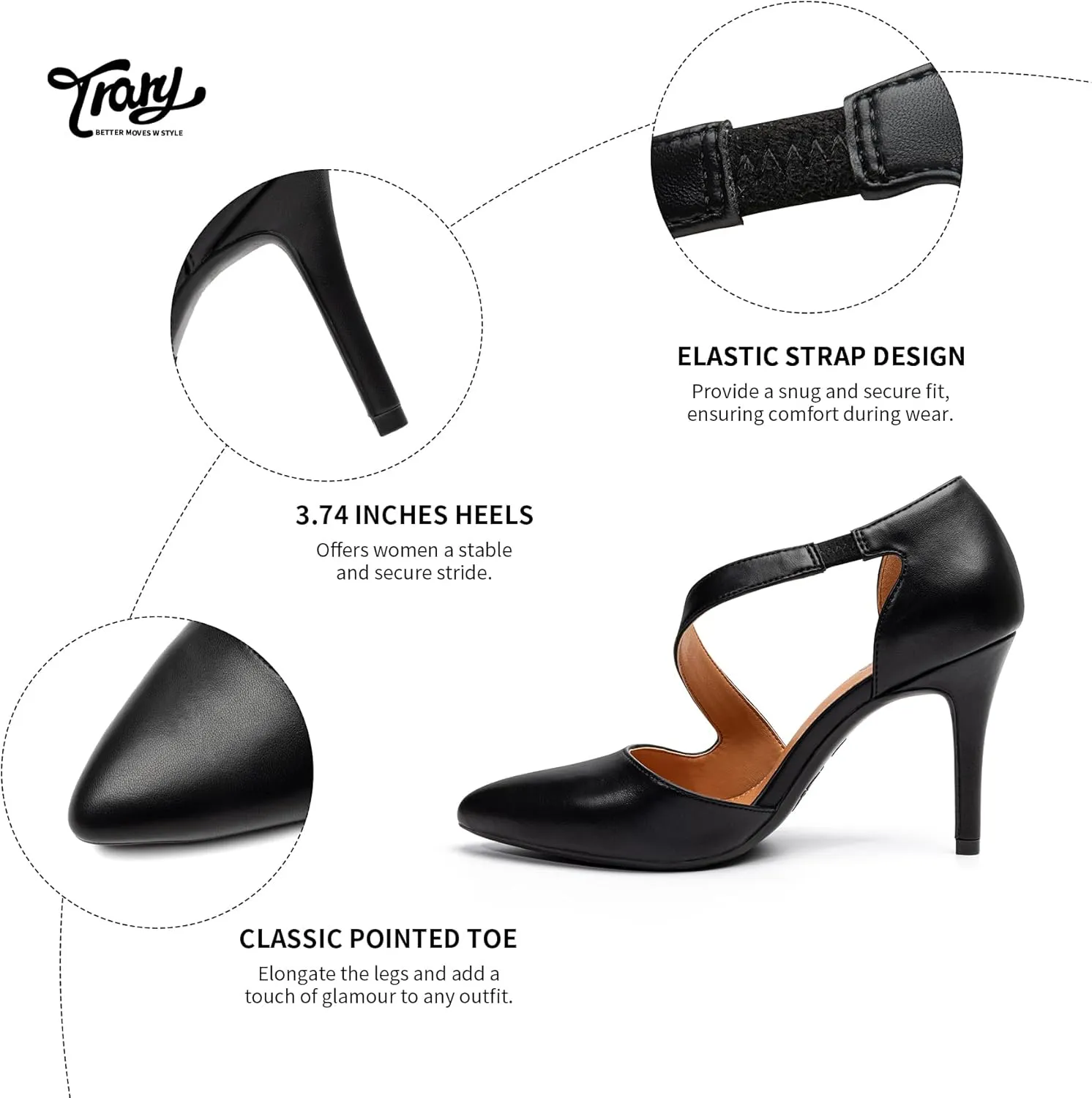 Trary Heels for Women Dress Closed Pointed Toe Stilettos High Heels Comfortable D'Orsay Pumps with Elastic Straps Sexy Slip On Shoes for Work Office Wedding Party