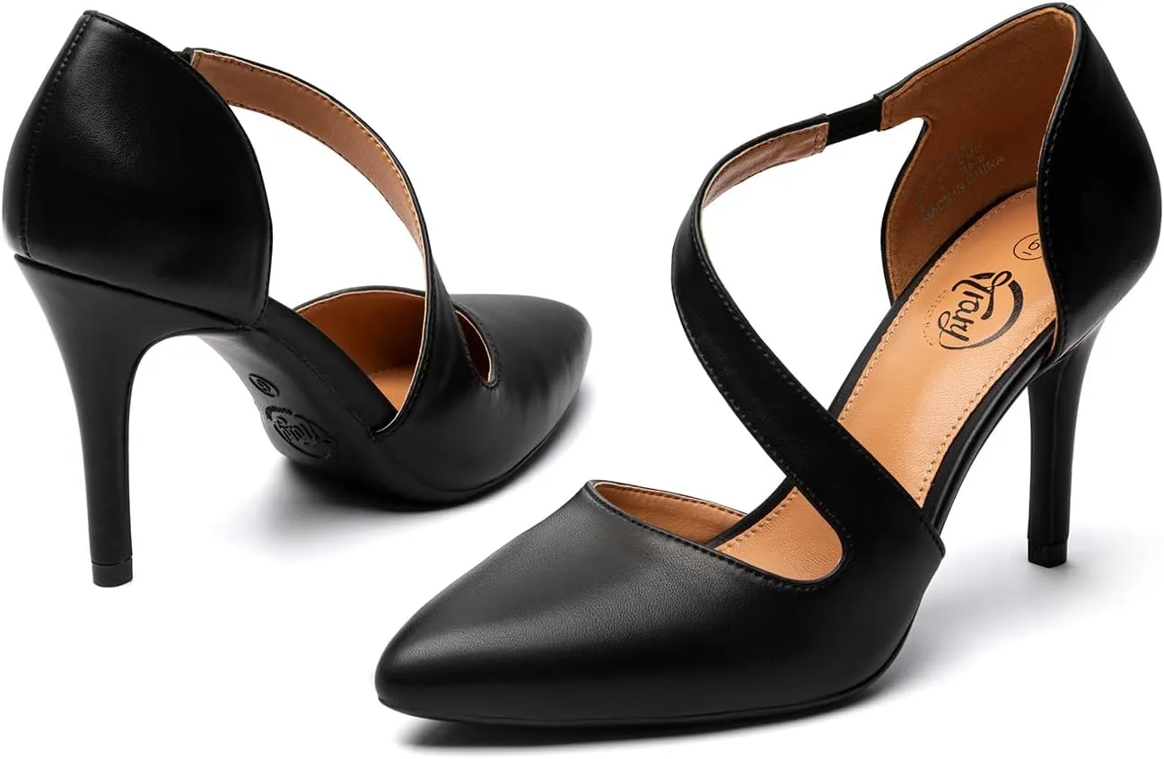 Trary Heels for Women Dress Closed Pointed Toe Stilettos High Heels Comfortable D'Orsay Pumps with Elastic Straps Sexy Slip On Shoes for Work Office Wedding Party