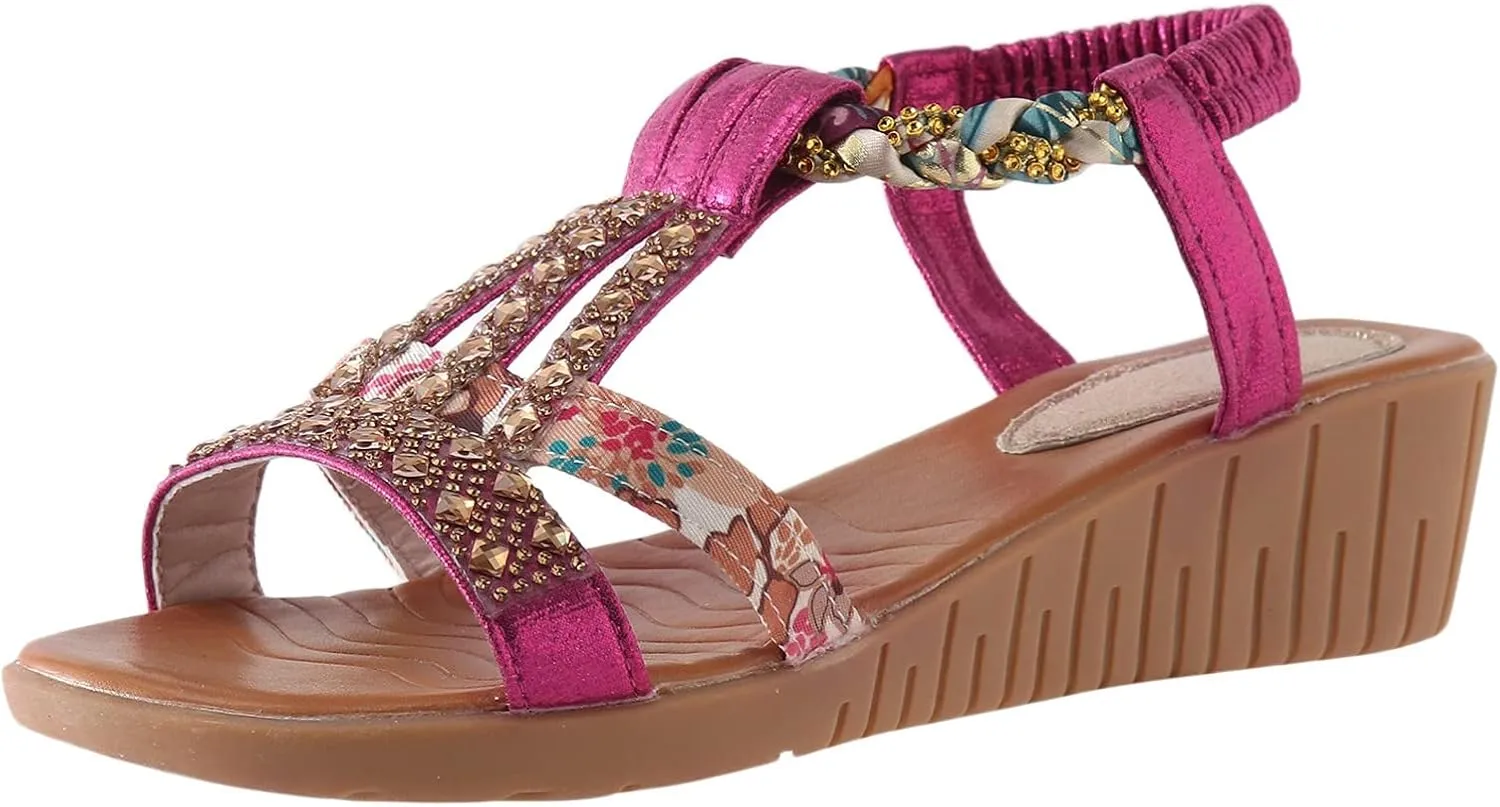 Womens Bohemian Beach Sandals Vintage Rhinestone Dressy Sandals Wedges Heels Orthopedic Sandals Open Toe Summer Shoes