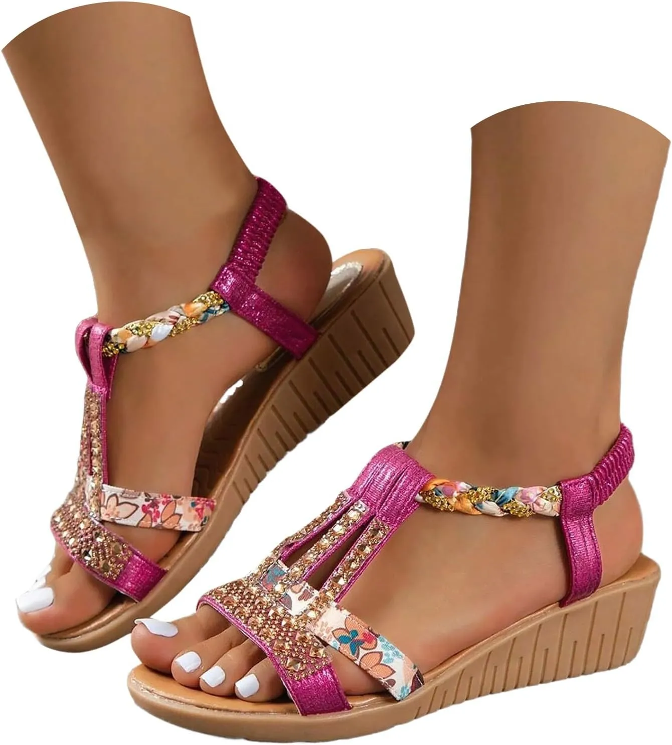 Womens Bohemian Beach Sandals Vintage Rhinestone Dressy Sandals Wedges Heels Orthopedic Sandals Open Toe Summer Shoes