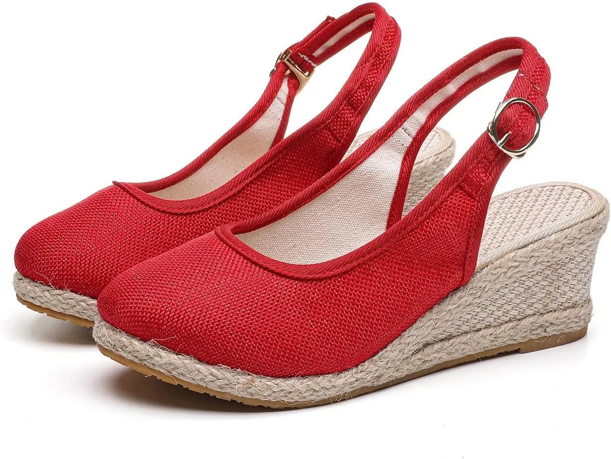 Women's Closed Toe Slingback Sandals Linen Solid Hook and Eye Shoe Rubber Sole Wedge High Heel Summer Breathe Sandal