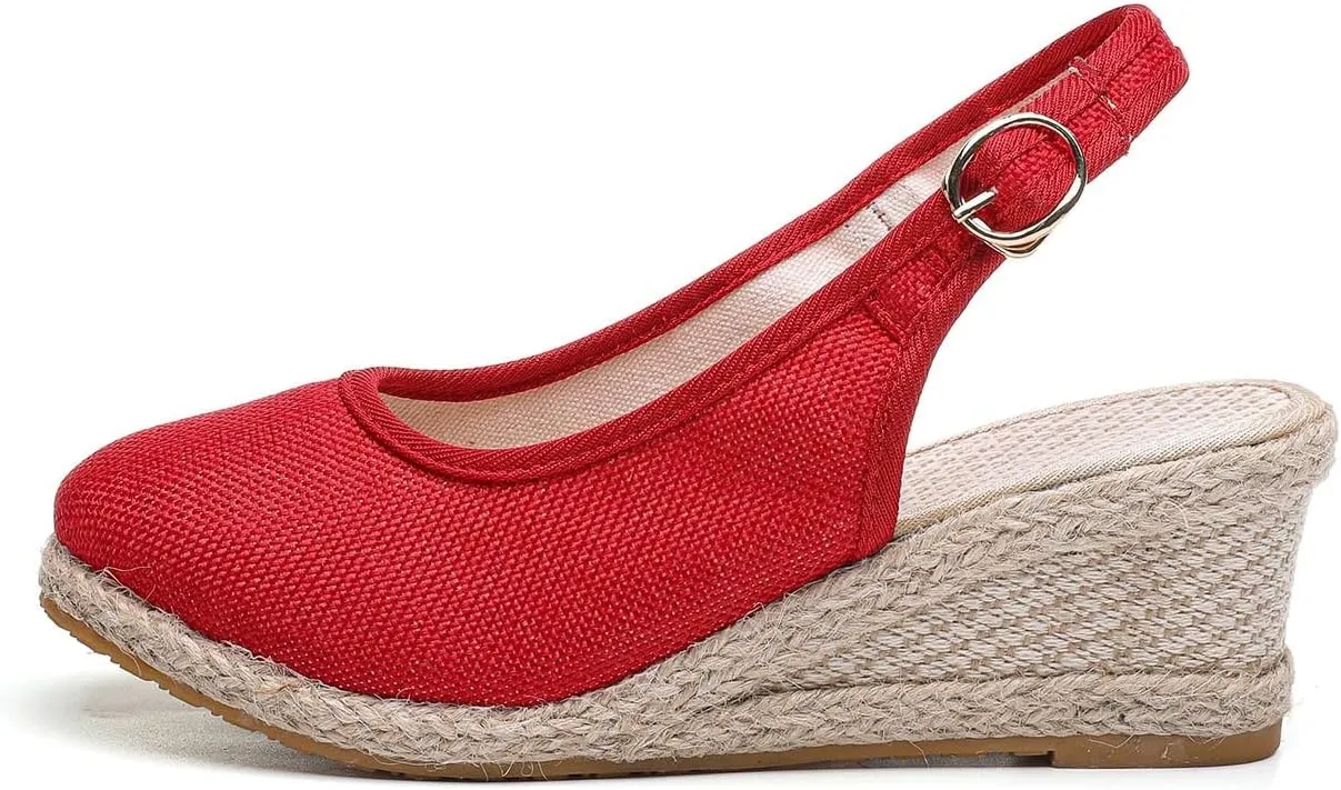 Women's Closed Toe Slingback Sandals Linen Solid Hook and Eye Shoe Rubber Sole Wedge High Heel Summer Breathe Sandal