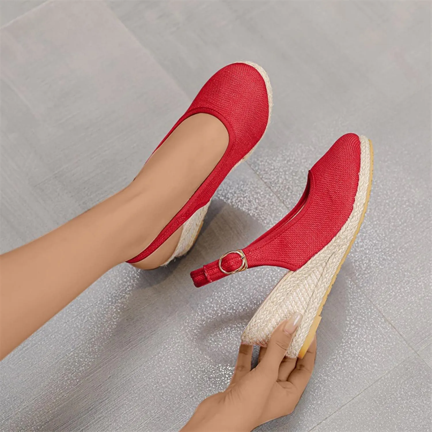 Women's Closed Toe Slingback Sandals Linen Solid Hook and Eye Shoe Rubber Sole Wedge High Heel Summer Breathe Sandal