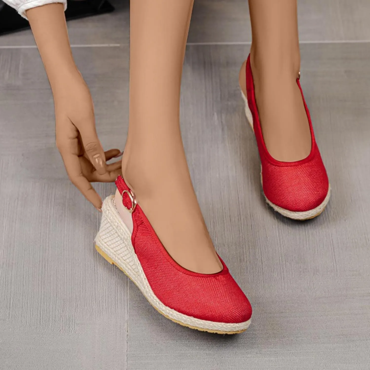 Women's Closed Toe Slingback Sandals Linen Solid Hook and Eye Shoe Rubber Sole Wedge High Heel Summer Breathe Sandal