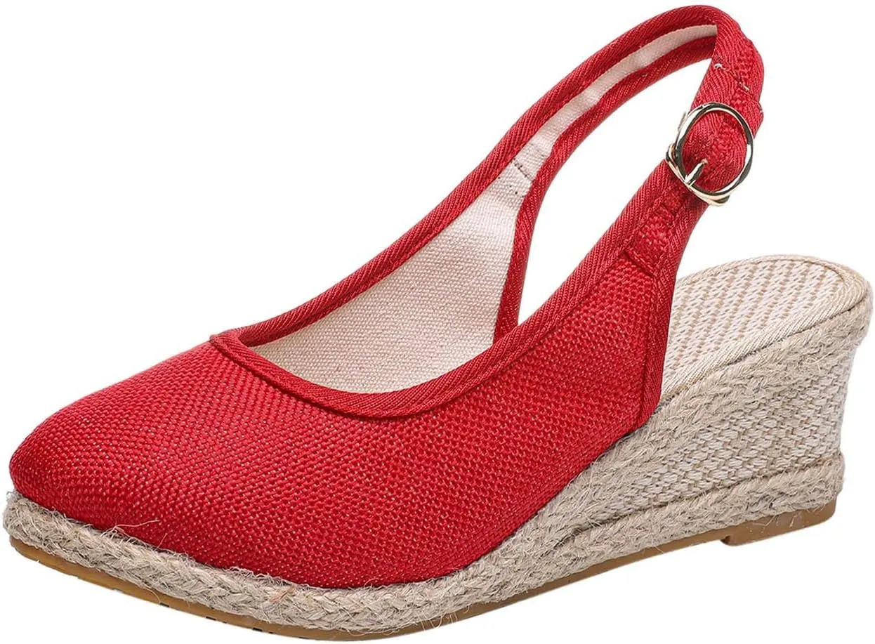 Women's Closed Toe Slingback Sandals Linen Solid Hook and Eye Shoe Rubber Sole Wedge High Heel Summer Breathe Sandal