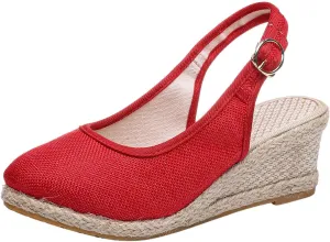 Women's Closed Toe Slingback Sandals Linen Solid Hook and Eye Shoe Rubber Sole Wedge High Heel Summer Breathe Sandal
