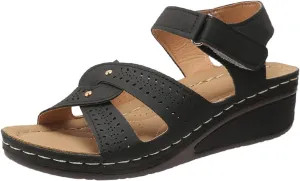 Women's Comfortable Dressy Flats Sandals Open Toe One Band Casual Walking Summer Slingback Perforated Upper Orthopedic 3D Flower Decorative Ankle Strap Arch Support Wedge Platform Sandal