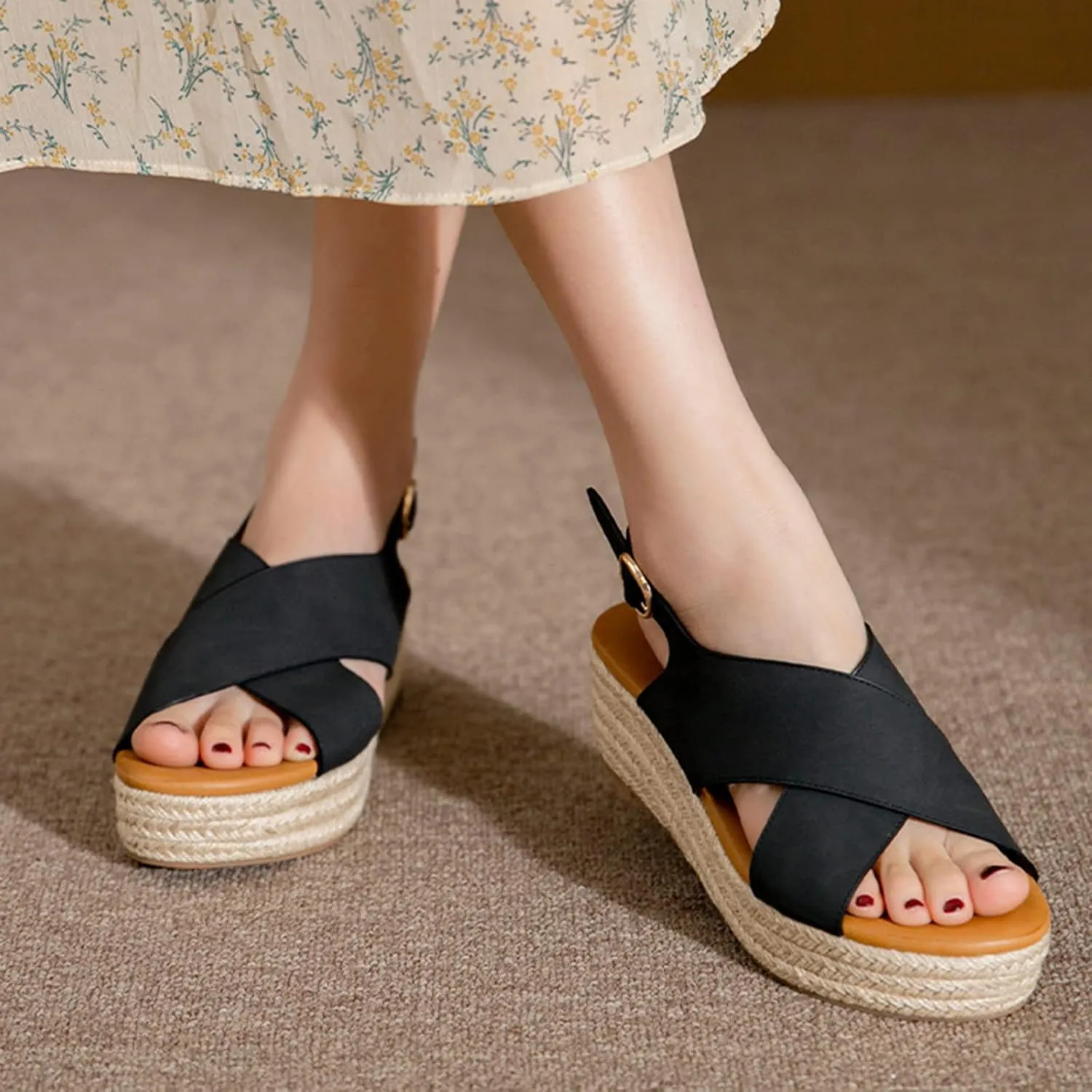Womens Espadrille Platform Wedge Sandals for Summer Outdoor Walking Open Toe Ankle Strap Comfy Breathable Design