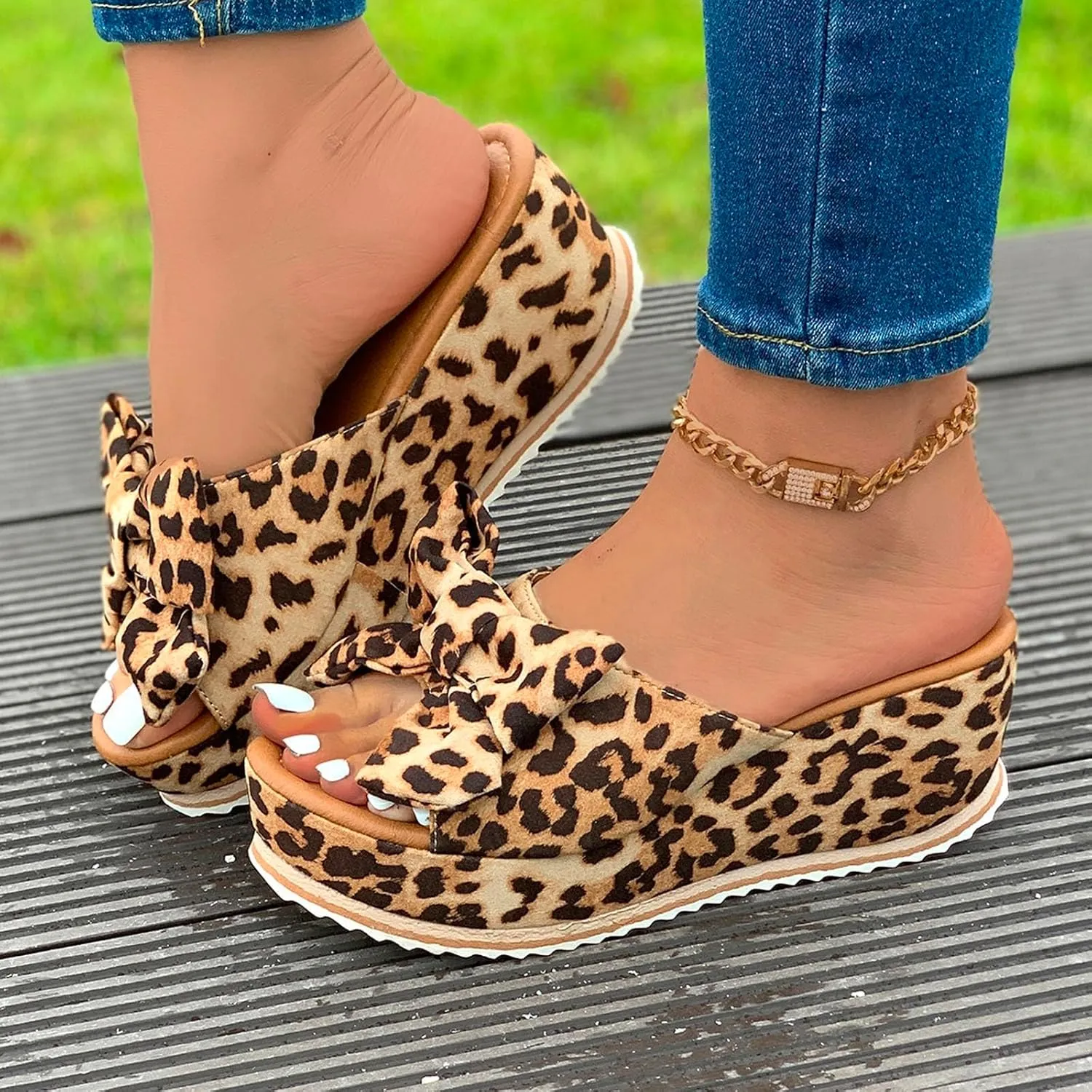 Women's Flatform Sandal Slip On Cute Bow Knot Open Toe Wedge Slide Sandals Ladies Summer Casual Cork Footbed Shoe