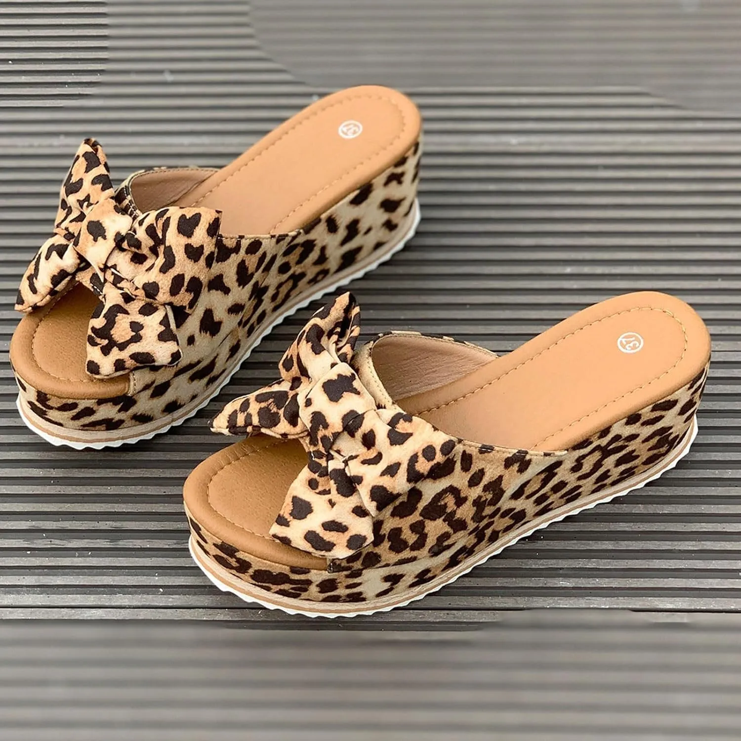 Women's Flatform Sandal Slip On Cute Bow Knot Open Toe Wedge Slide Sandals Ladies Summer Casual Cork Footbed Shoe